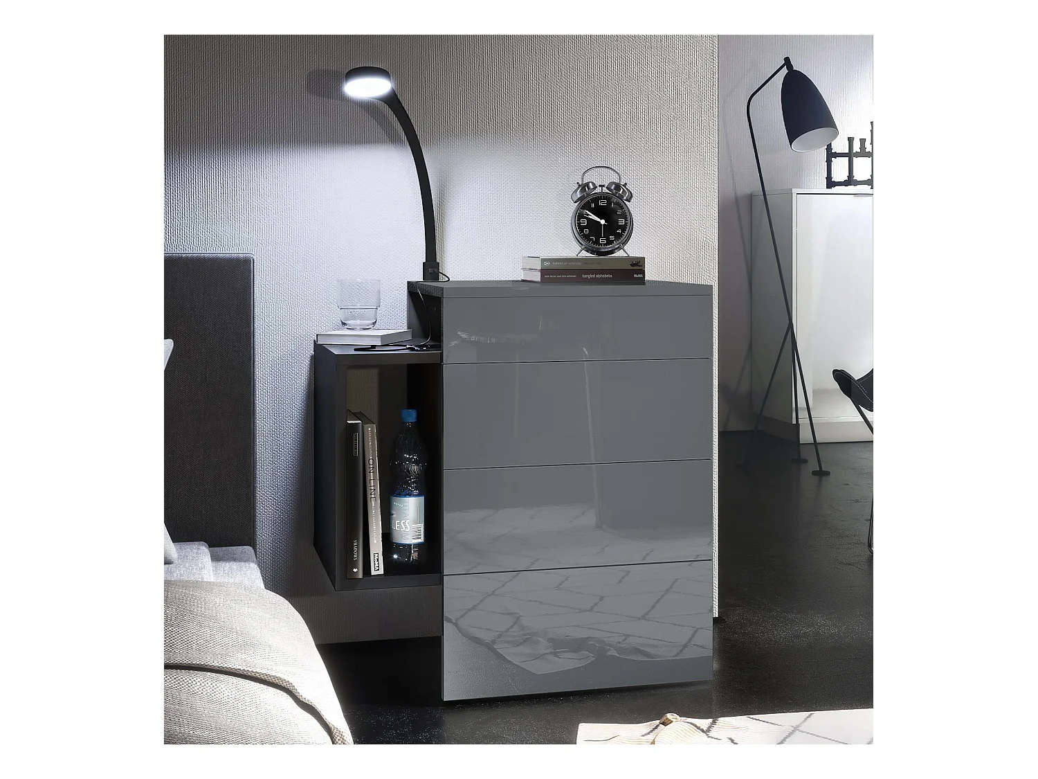 Table de chevet Queens, Table de nuit avec 2 tiroirs et 1 compartiment latéral à fixer au mur, Noir mat/Gris brillant, incl. lampe LED Flexi (60x63x36 cm)