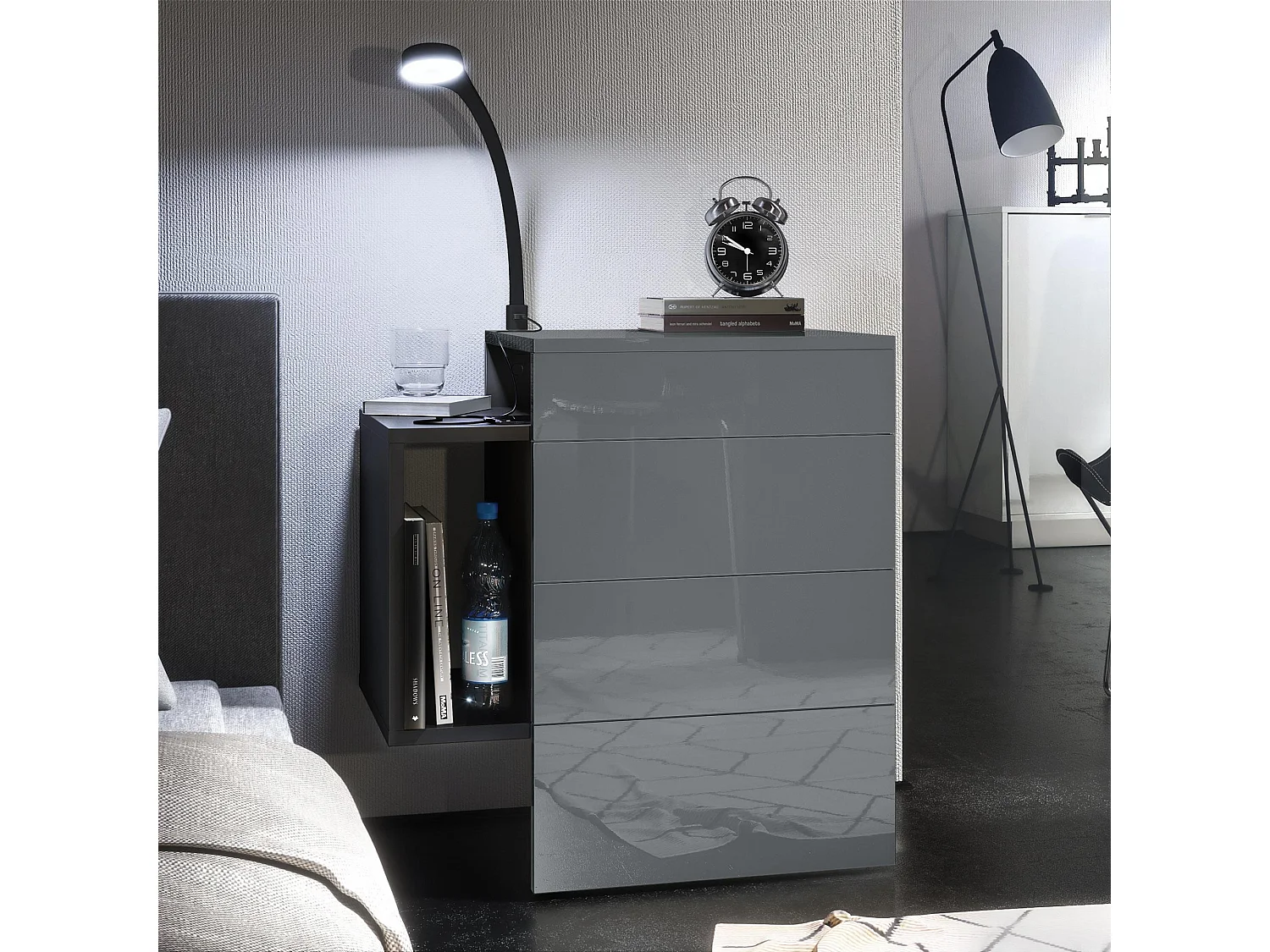 Table de chevet Queens, Table de nuit avec 2 tiroirs et 1 compartiment latéral à fixer au mur, Noir mat/Gris brillant, incl. lampe LED Flexi (60x63x36 cm)