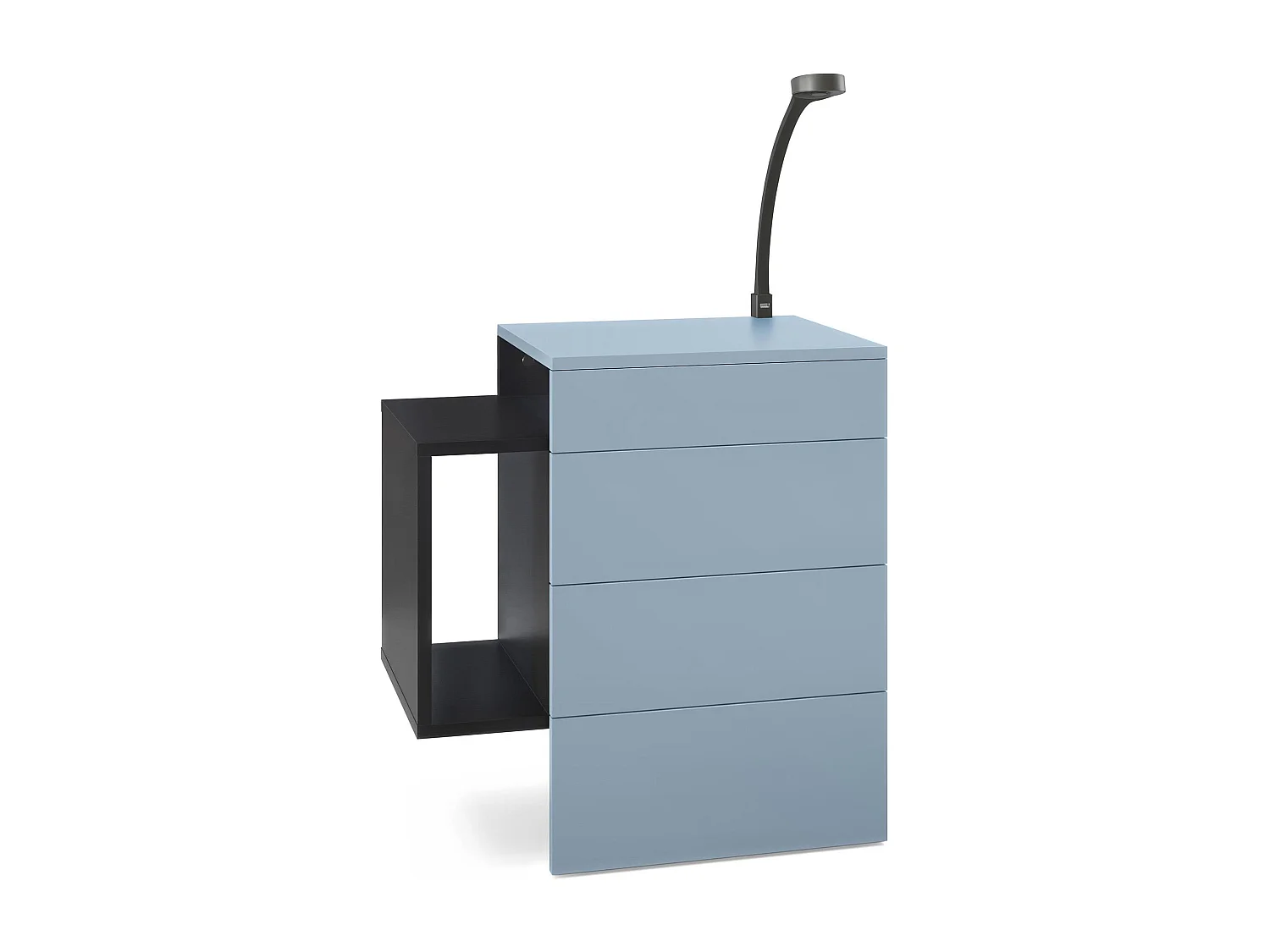 Table de chevet Queens, Table de nuit avec 2 tiroirs et 1 compartiment latéral à fixer au mur, Noir mat/Denim mat, incl. lampe LED Flexi noire(60x63x36 cm)