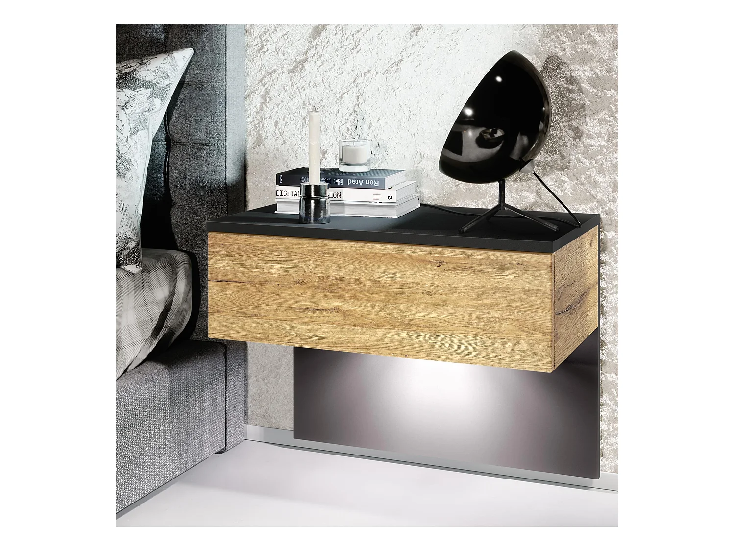 Table de chevet Sleep, Table de nuit à fixation murale avec tiroir, Noir mat/Chêne Nature, éclairage LED inclus (60 x 46 x 35 cm)