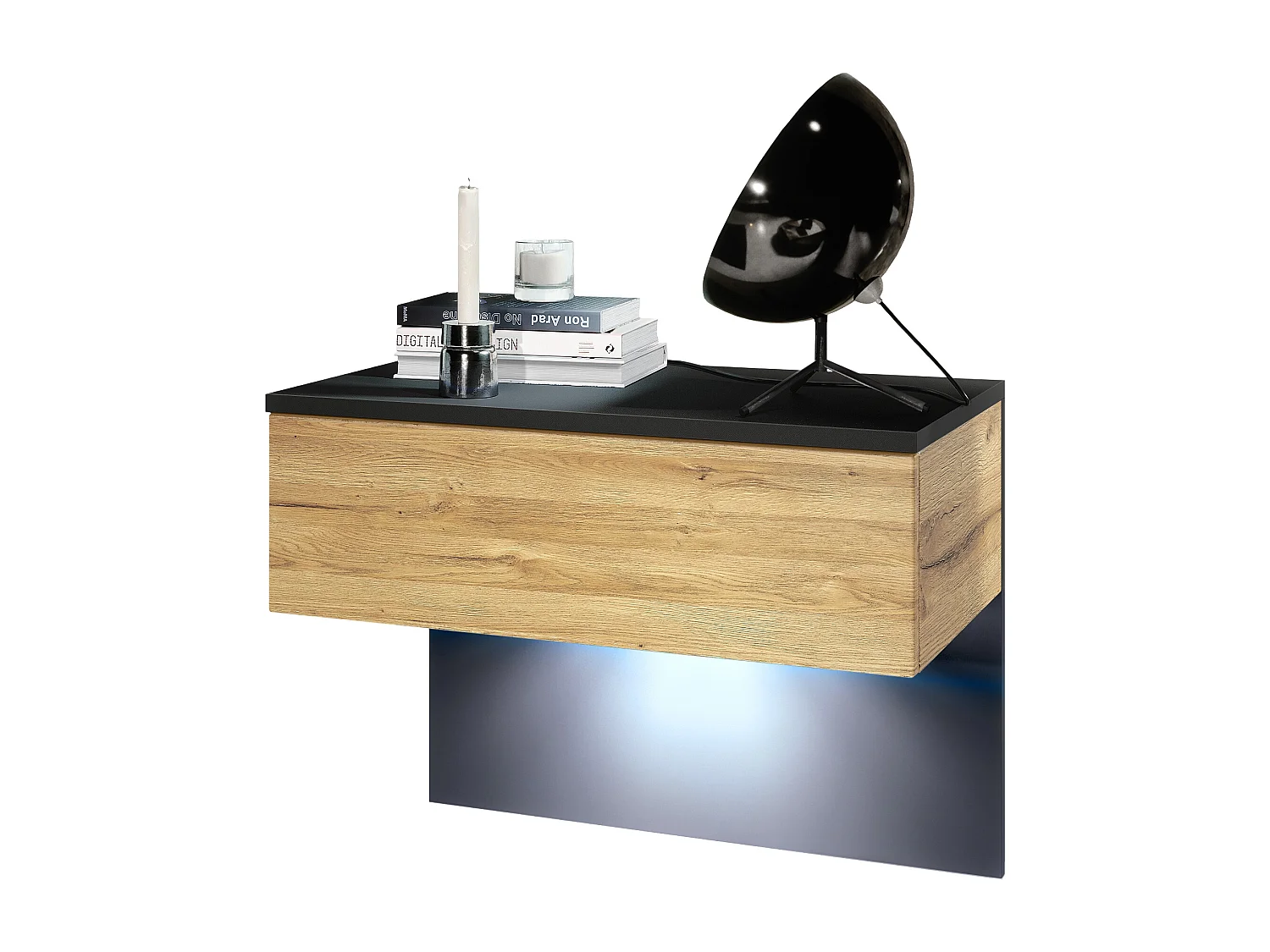 Table de chevet Sleep, Table de nuit à fixation murale avec tiroir, Noir mat/Chêne Nature, éclairage LED inclus (60 x 46 x 35 cm)
