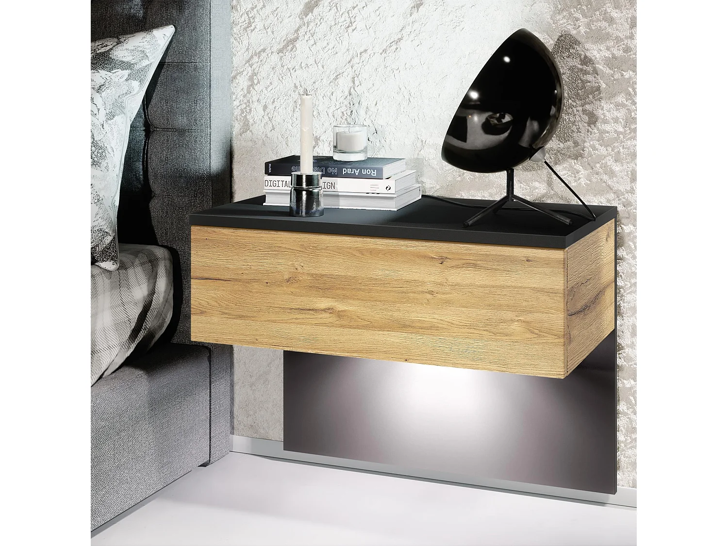 Table de chevet Sleep, Table de nuit à fixation murale avec tiroir, Noir mat/Chêne Nature, éclairage LED inclus (60 x 46 x 35 cm)