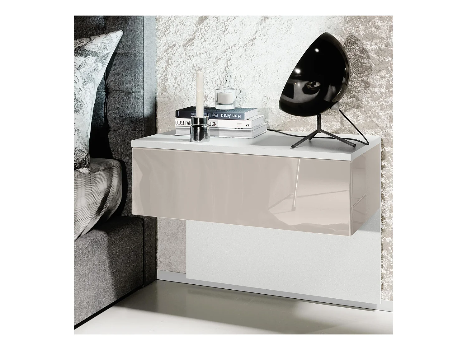 Table de chevet Sleep, Table de nuit à fixation murale avec tiroir, Blanc mat/Gris sable haute brillance (60 x 46 x 35 cm)