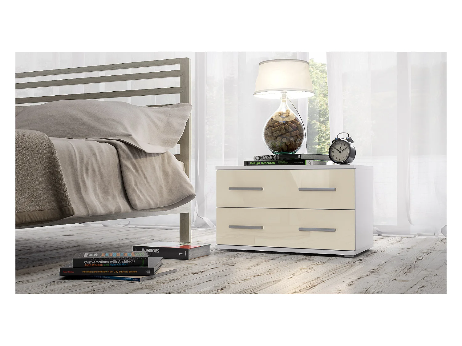 Mesa de noche Kioto, Cuerpo en Blanco mate / Frontal en Color Crema alto brillo