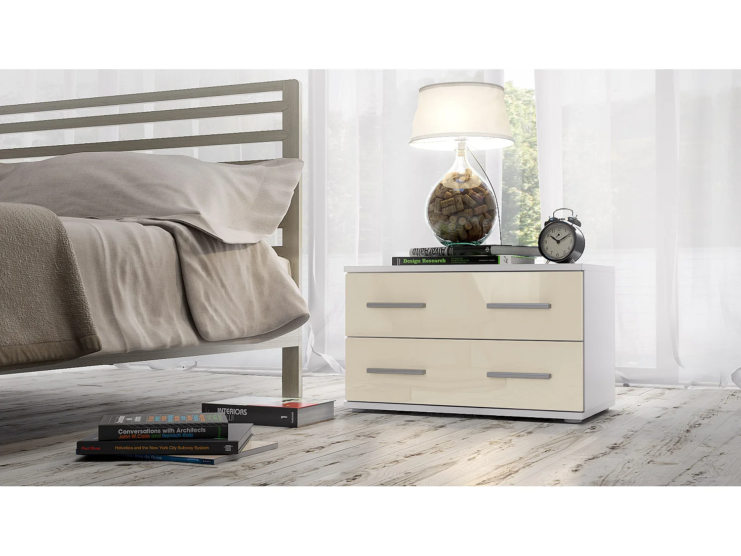Table de chevet de nuit Kioto, Corps en Blanc mat / Façades en Crème haute brillance