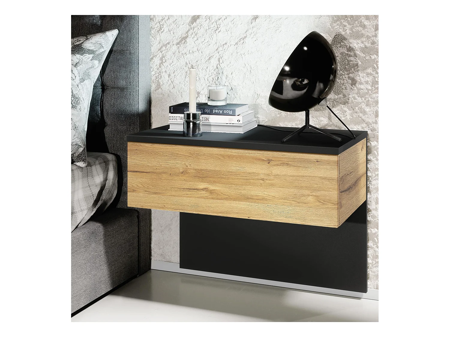 Table de chevet Sleep, Table de nuit à fixation murale avec tiroir, Noir mat/Chêne Nature (60 x 46 x 35 cm)