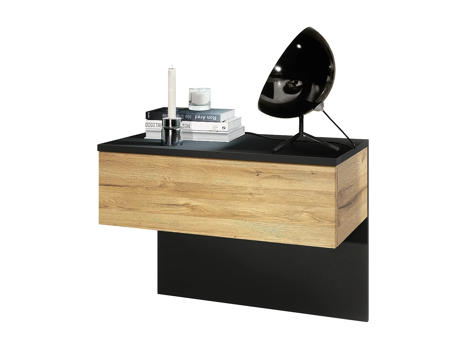 Table de chevet Sleep, Table de nuit à fixation murale avec tiroir, Noir mat/Chêne Nature (60 x 46 x 35 cm)