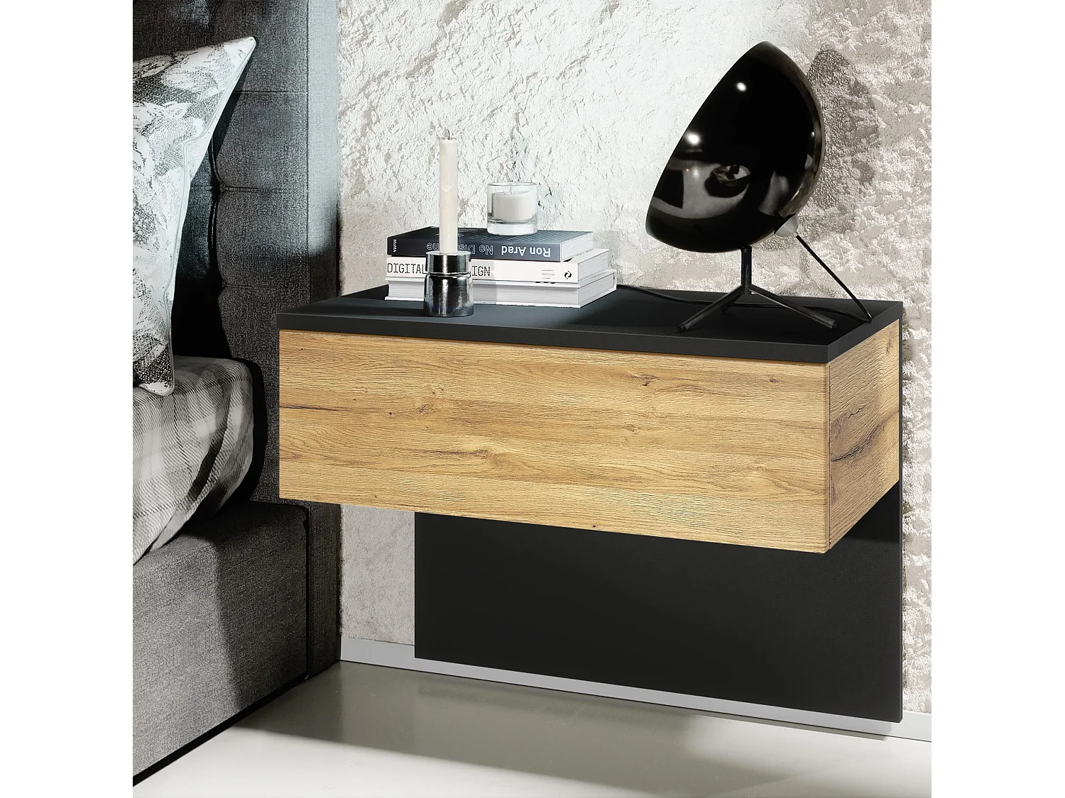 Table de chevet Sleep, Table de nuit à fixation murale avec tiroir, Noir mat/Chêne Nature (60 x 46 x 35 cm)