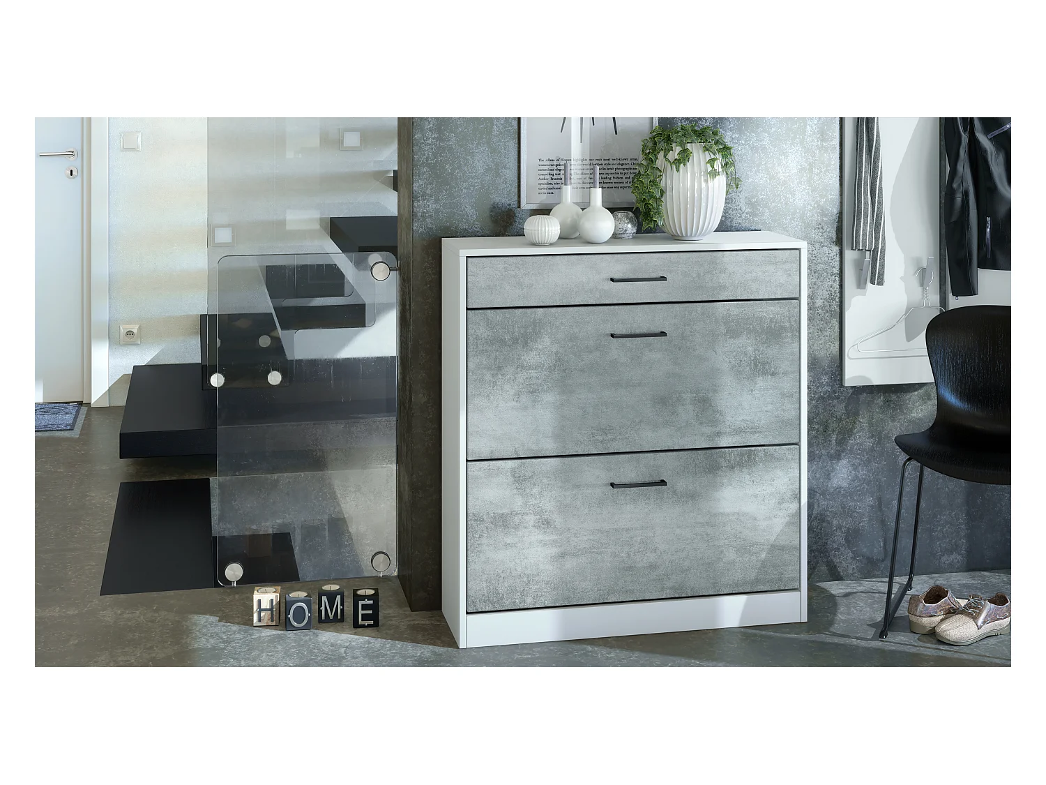 Armoire à chaussures inclinable Elvas 89 x 95,5 x 27 cm, caisson en blanc mat, façade en Aspect Béton Oxyde