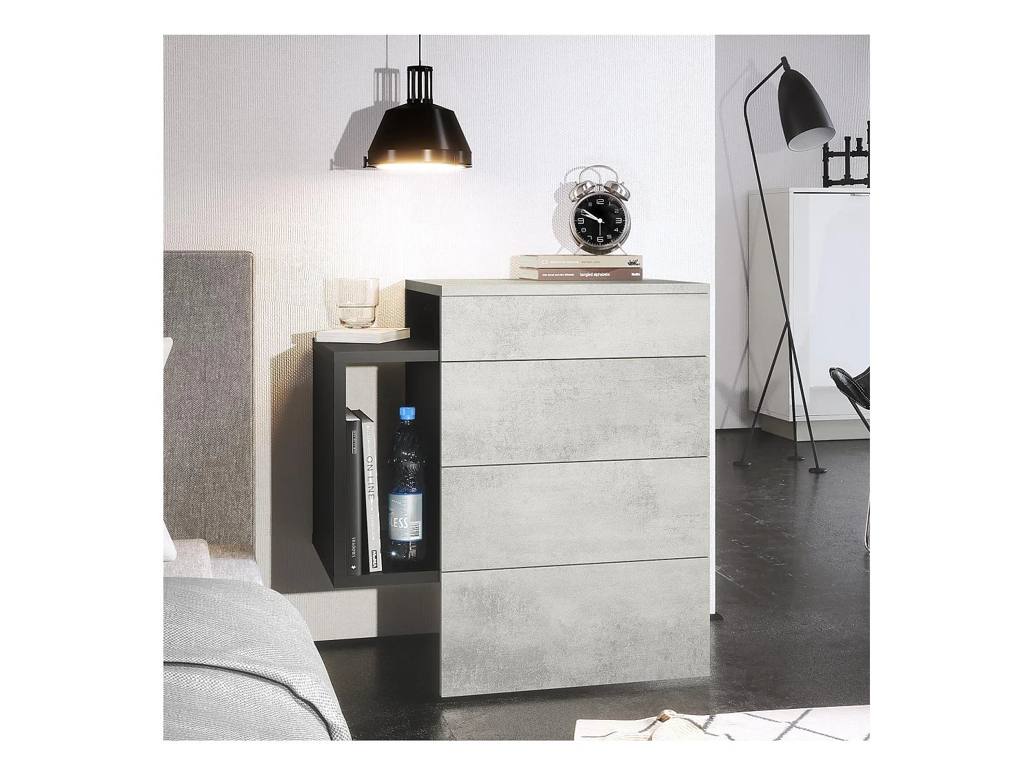 Table de chevet Queens, Table de nuit avec 2 tiroirs et 1 compartiment latéral à fixer au mur, Noir mat/Aspect Béton Oxyde (60 x 63 x 36 cm)