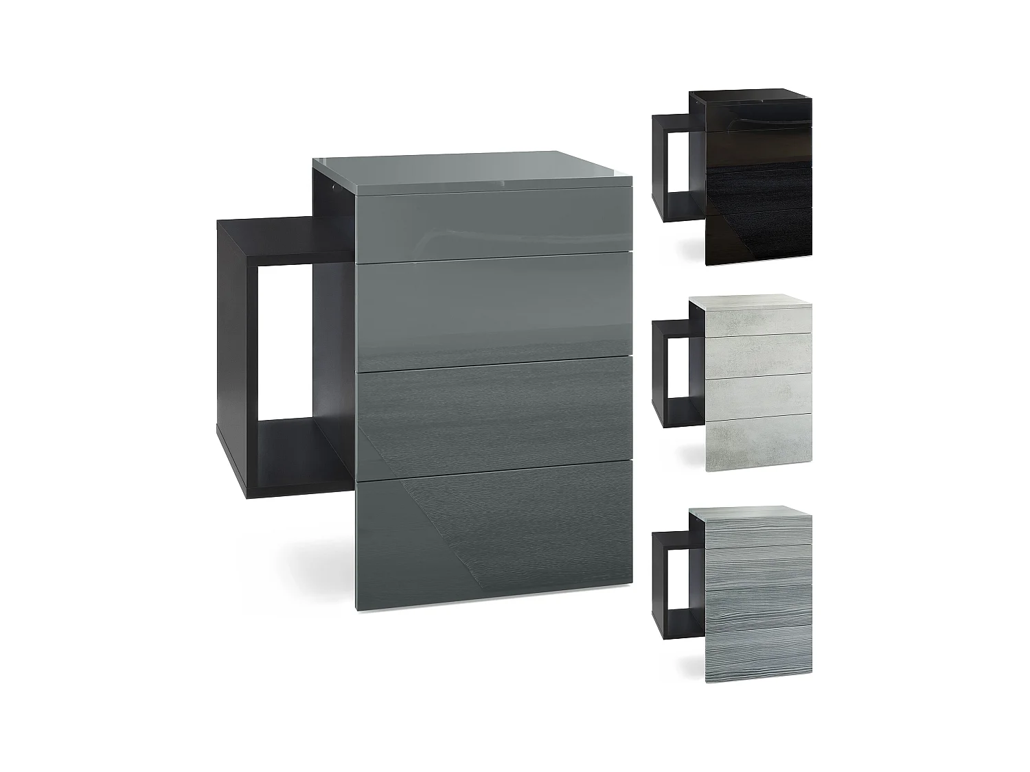 Table de chevet Queens, Table de nuit avec 2 tiroirs et 1 compartiment latéral à fixer au mur, Noir mat/Aspect Béton Oxyde (60 x 63 x 36 cm)