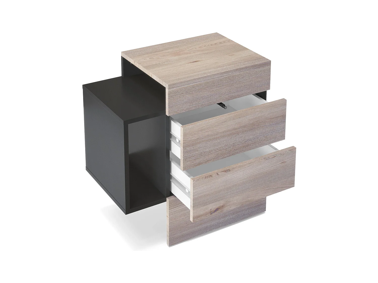 Table de chevet Queens, Table de nuit avec 2 tiroirs et 1 compartiment latéral à fixer au mur, Noir mat/Aspect Béton Oxyde (60 x 63 x 36 cm)