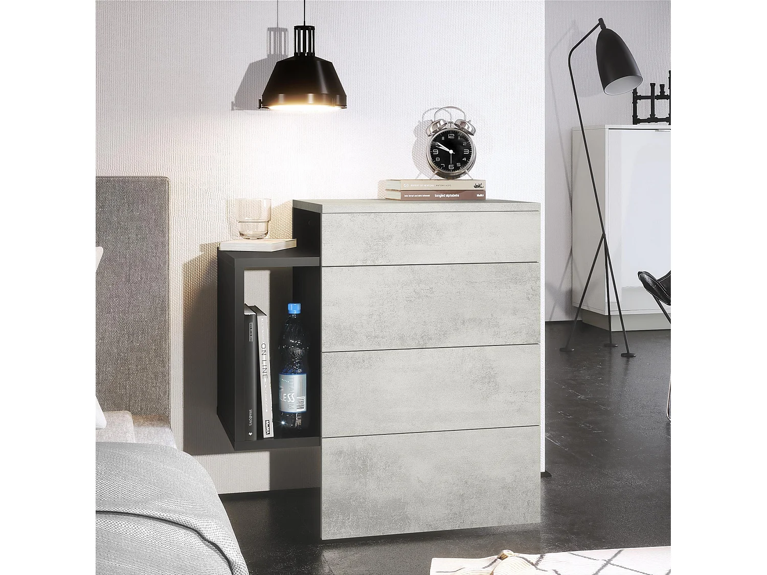 Table de chevet Queens, Table de nuit avec 2 tiroirs et 1 compartiment latéral à fixer au mur, Noir mat/Aspect Béton Oxyde (60 x 63 x 36 cm)