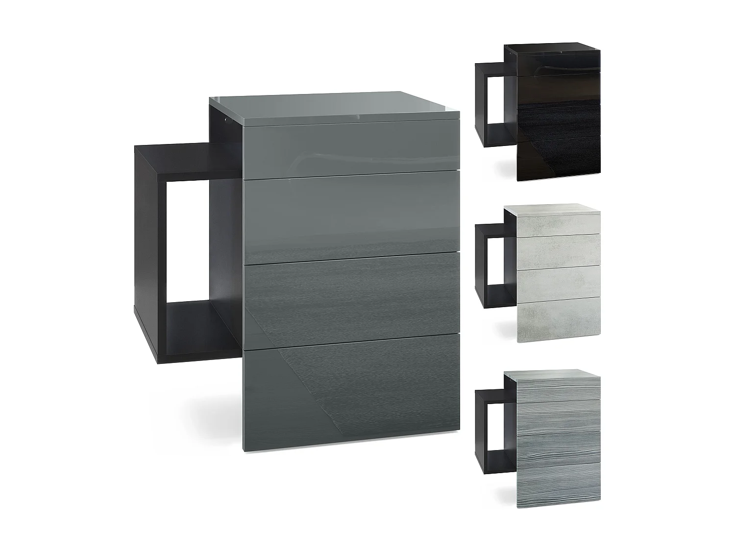 Table de chevet Queens, Table de nuit avec 2 tiroirs et 1 compartiment latéral à fixer au mur, Noir mat/Aspect Béton Oxyde (60 x 63 x 36 cm)