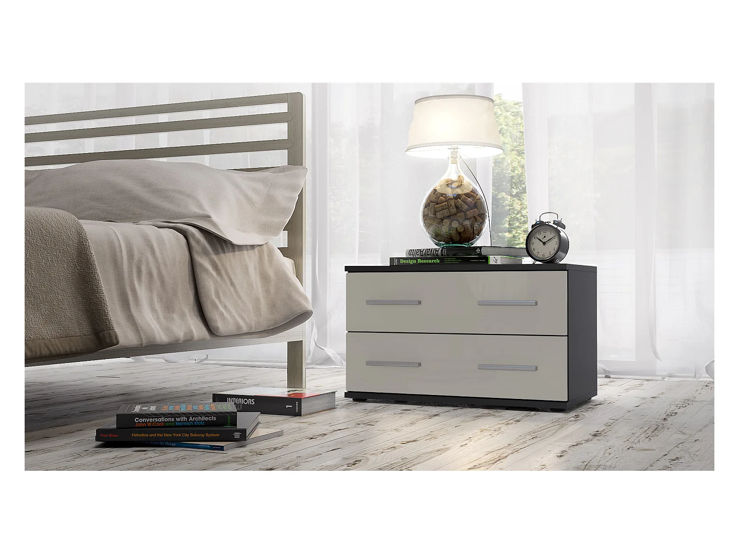 Mesa de noche Kioto, Cuerpo en Negro mate / Frontal en Color Gris arena alto brillo