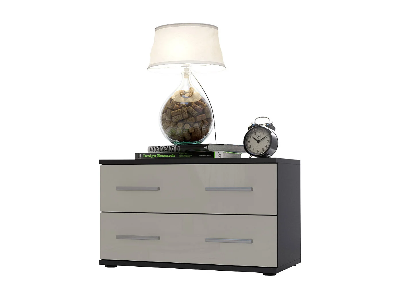 Table de chevet de nuit Kioto, Corps en Noir mat / Façades en Gris sable haute brillance