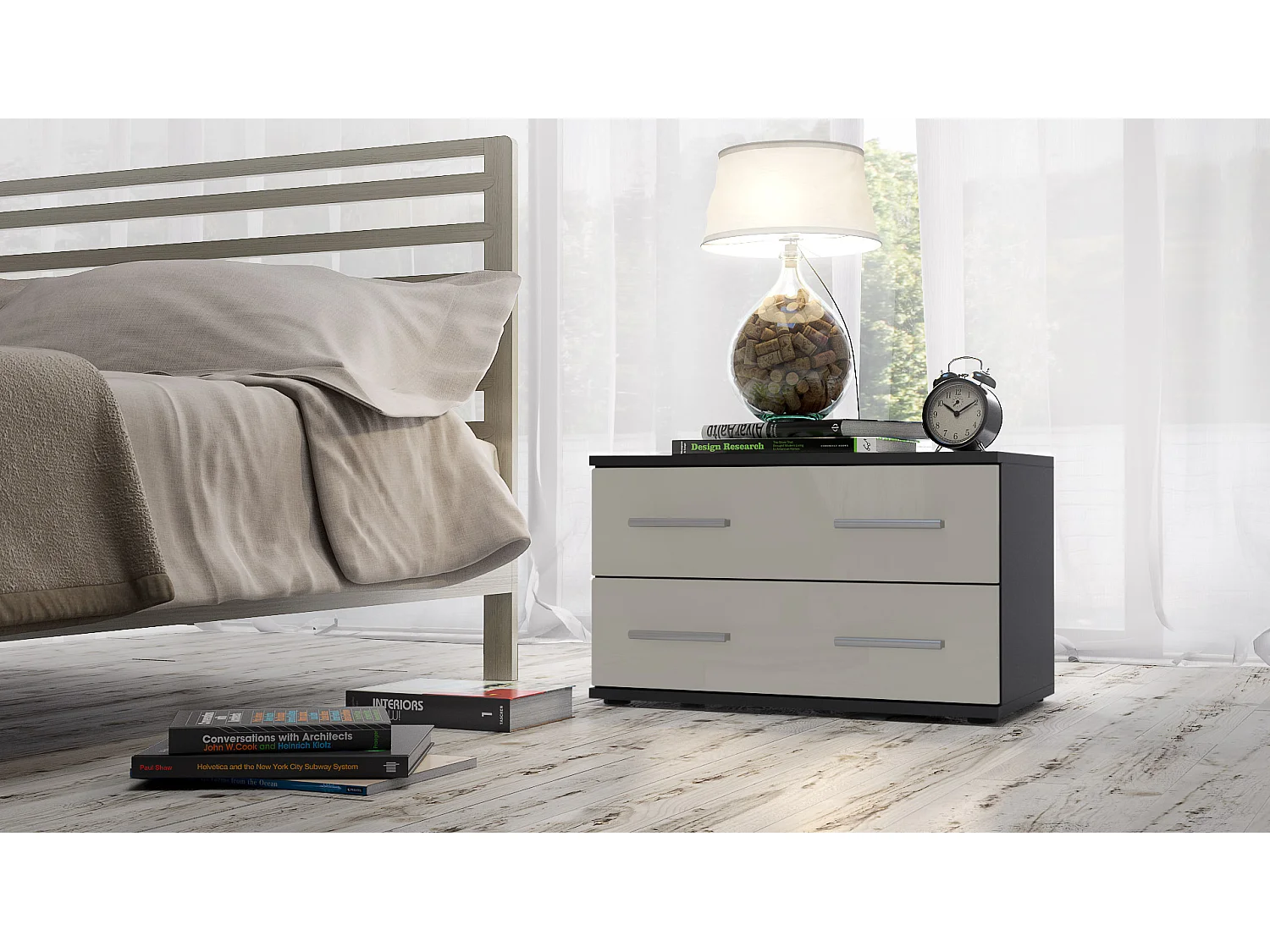Table de chevet de nuit Kioto, Corps en Noir mat / Façades en Gris sable haute brillance