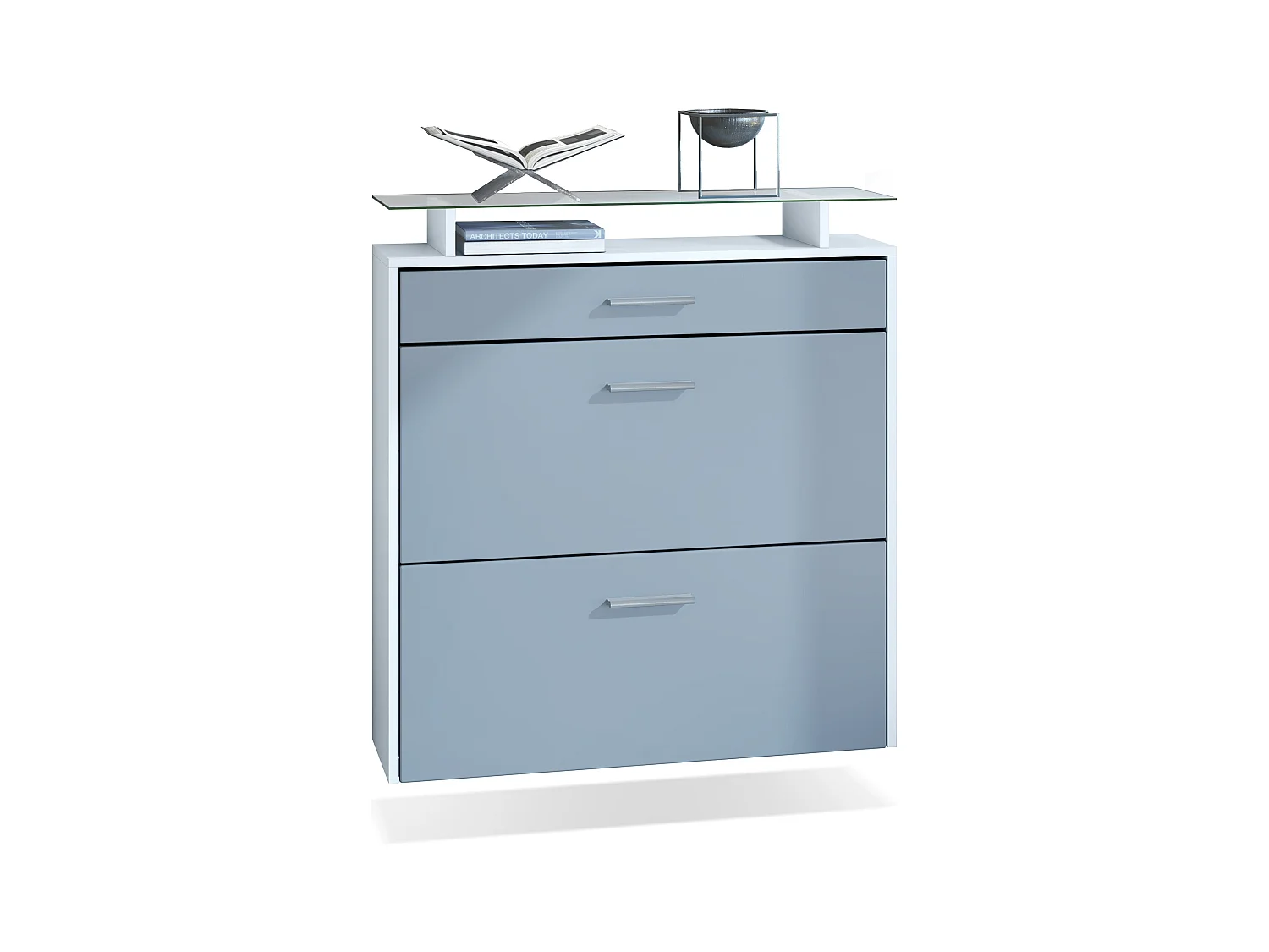 Meuble chaussures Malea, Armoire à chaussures murale pour 16 paires avec 2 clapets, 1 tiroir et 1 tablette en verre, Blanc mat/Denim mat  (89 x 96 x 23 cm)