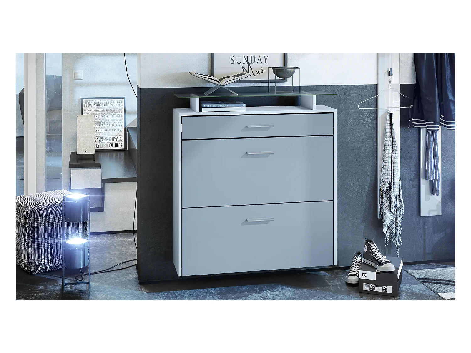 Meuble chaussures Malea, Armoire à chaussures murale pour 16 paires avec 2 clapets, 1 tiroir et 1 tablette en verre, Blanc mat/Denim mat  (89 x 96 x 23 cm)