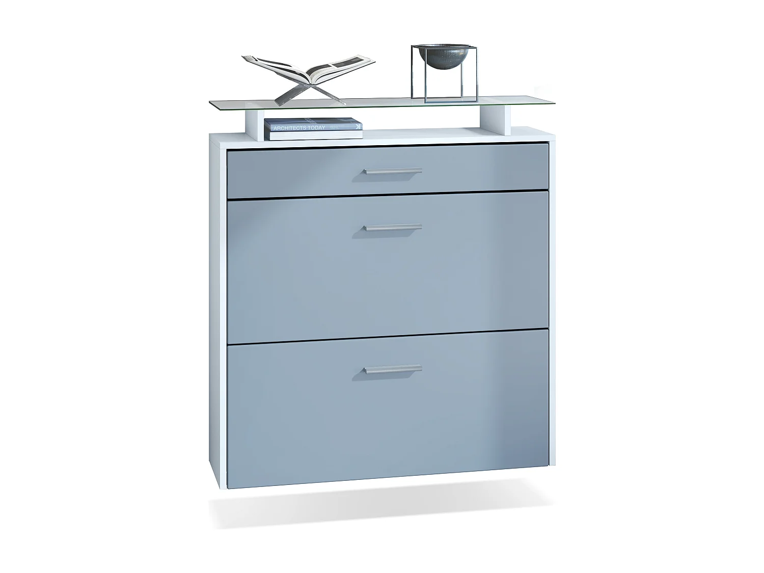 Meuble chaussures Malea, Armoire à chaussures murale pour 16 paires avec 2 clapets, 1 tiroir et 1 tablette en verre, Blanc mat/Denim mat  (89 x 96 x 23 cm)