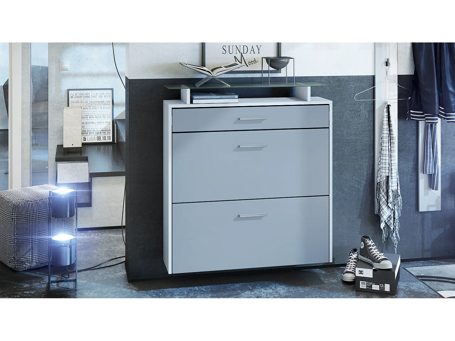 Meuble chaussures Malea, Armoire à chaussures murale pour 16 paires avec 2 clapets, 1 tiroir et 1 tablette en verre, Blanc mat/Denim mat  (89 x 96 x 23 cm)