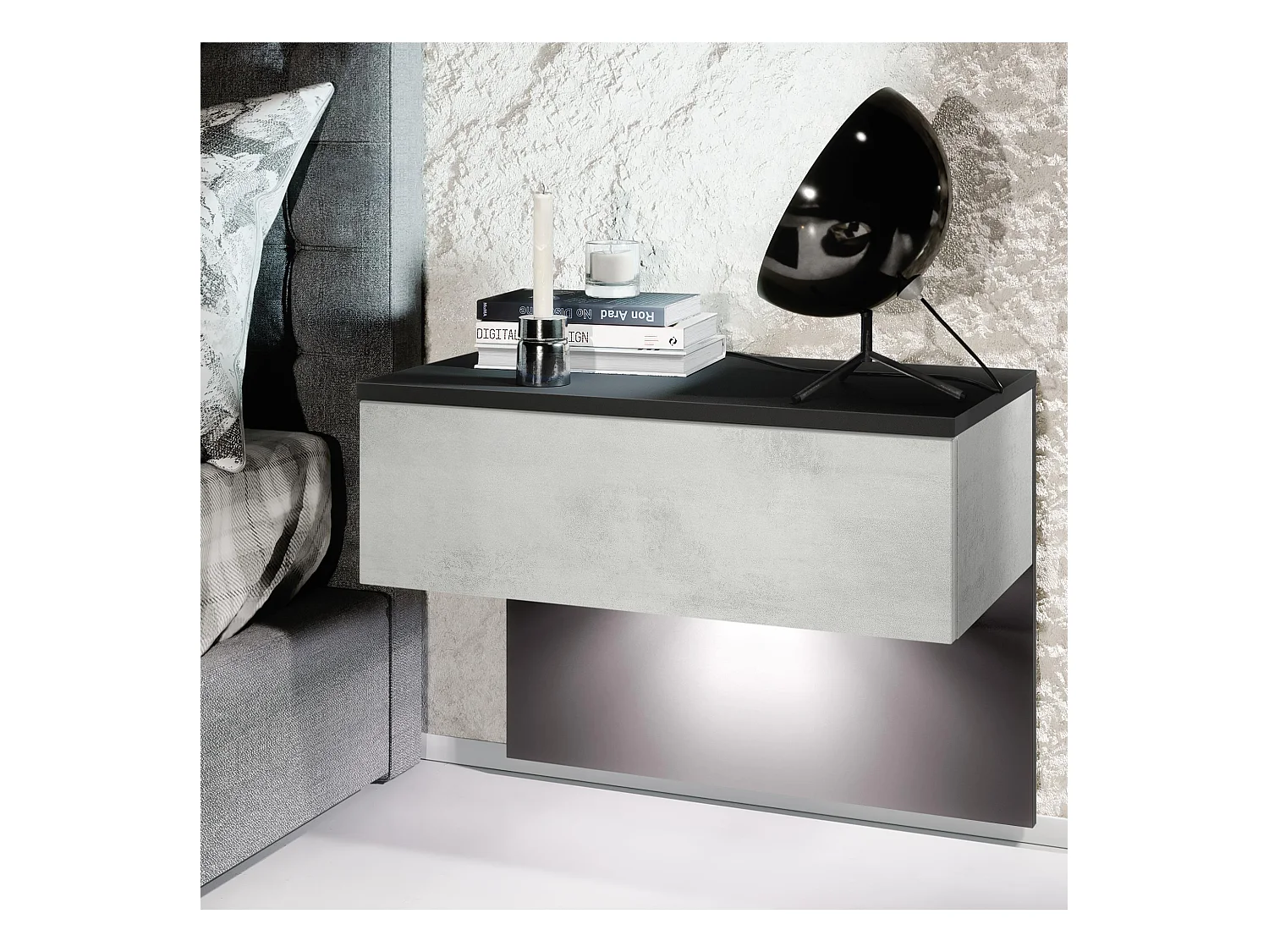 Table de chevet Sleep, Table de nuit à fixation murale avec tiroir, Noir mat/Aspect Béton Oxyde, éclairage LED inclus (60 x 46 x 35 cm)