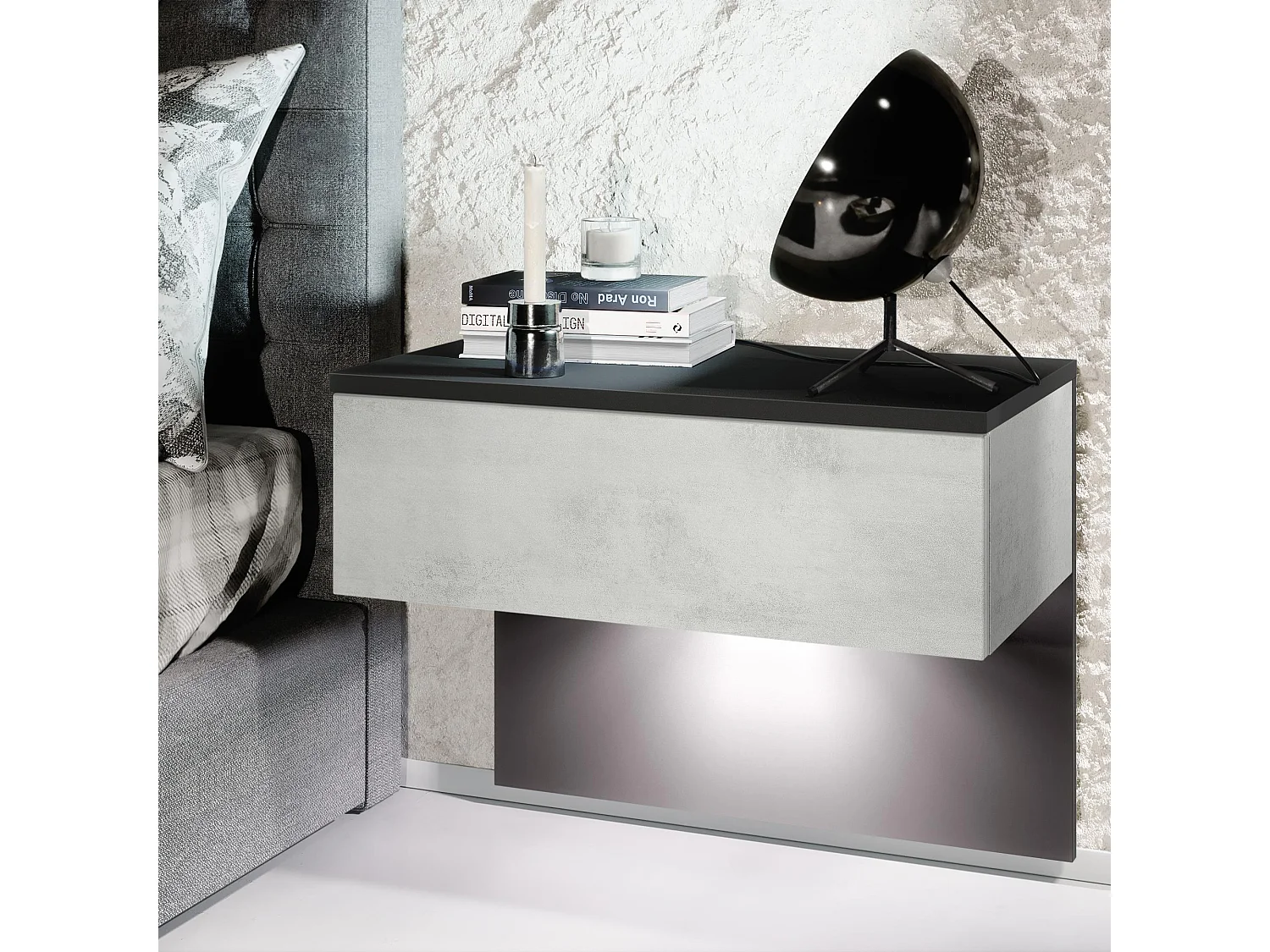 Table de chevet Sleep, Table de nuit à fixation murale avec tiroir, Noir mat/Aspect Béton Oxyde, éclairage LED inclus (60 x 46 x 35 cm)