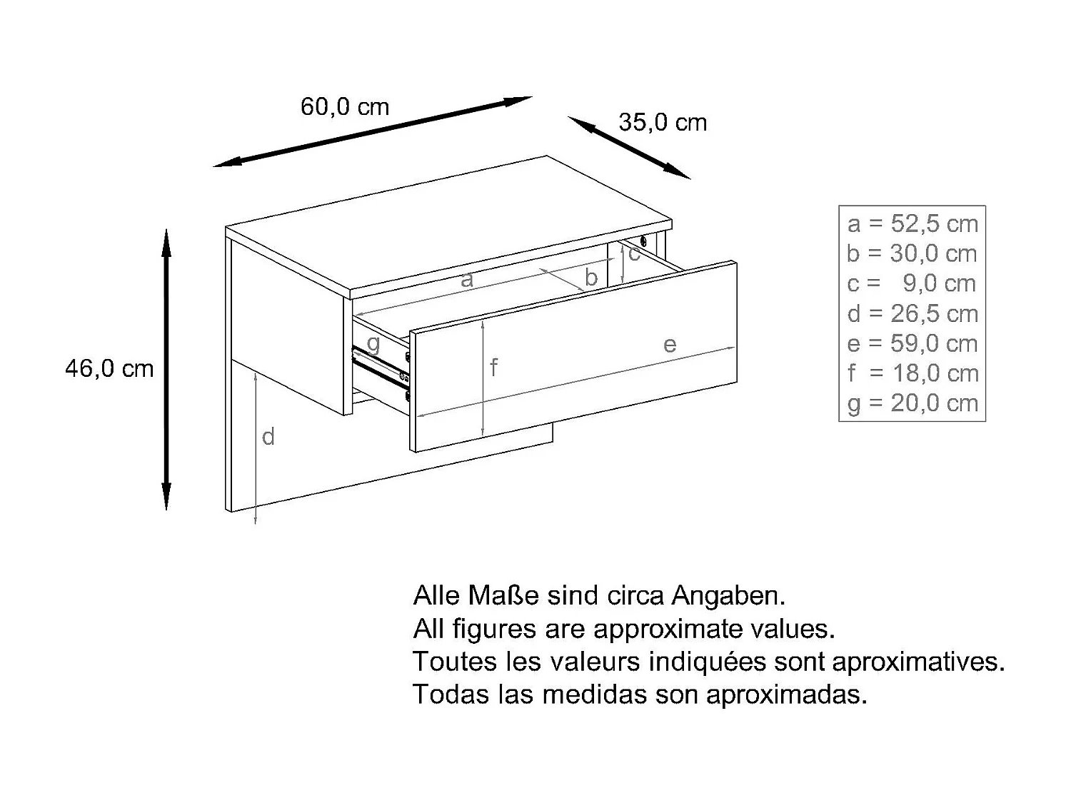 Table de chevet Sleep, Table de nuit à fixation murale avec tiroir, Noir mat/Aspect Béton Oxyde, éclairage LED inclus (60 x 46 x 35 cm)