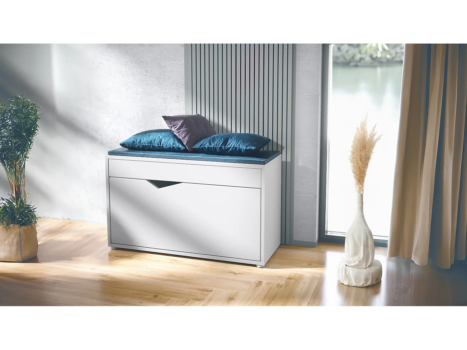 Banco Zapatero Kolmio, Banco para 8 Pares de Zapatos, Zapatero con Asiento, blanco mate/blanco mate (85 x 50 x 33 cm)