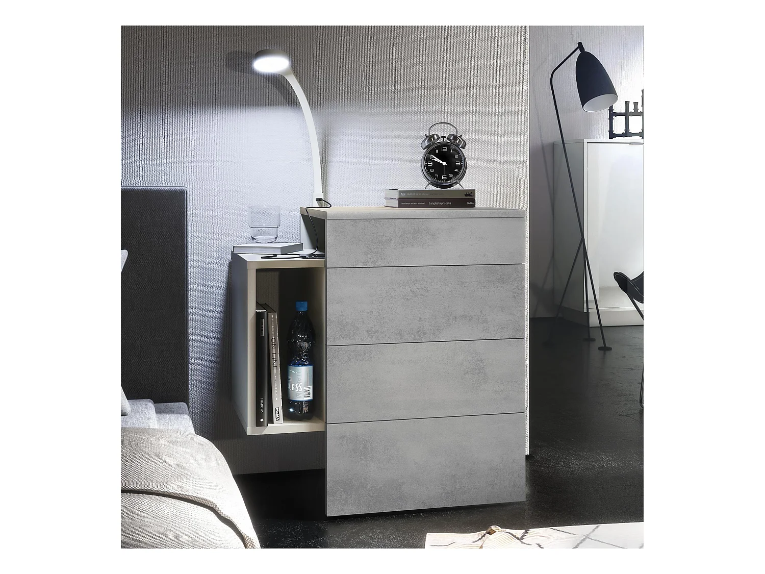 Table de chevet Queens, Table de nuit avec 2 tiroirs et 1 compartiment latéral à fixer au mur, Blanc mat/Aspect Béton Oxyde, incl. lampe LED (60x63x36 cm)