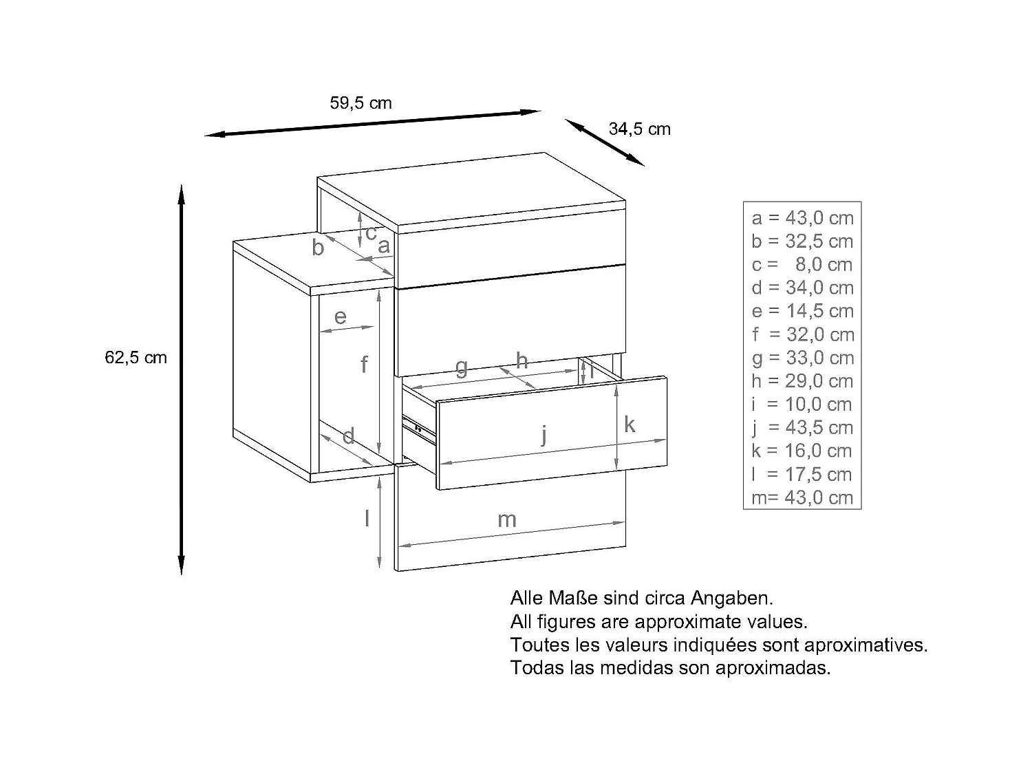 Table de chevet Queens, Table de nuit avec 2 tiroirs et 1 compartiment latéral à fixer au mur, Blanc mat/Aspect Béton Oxyde, incl. lampe LED (60x63x36 cm)