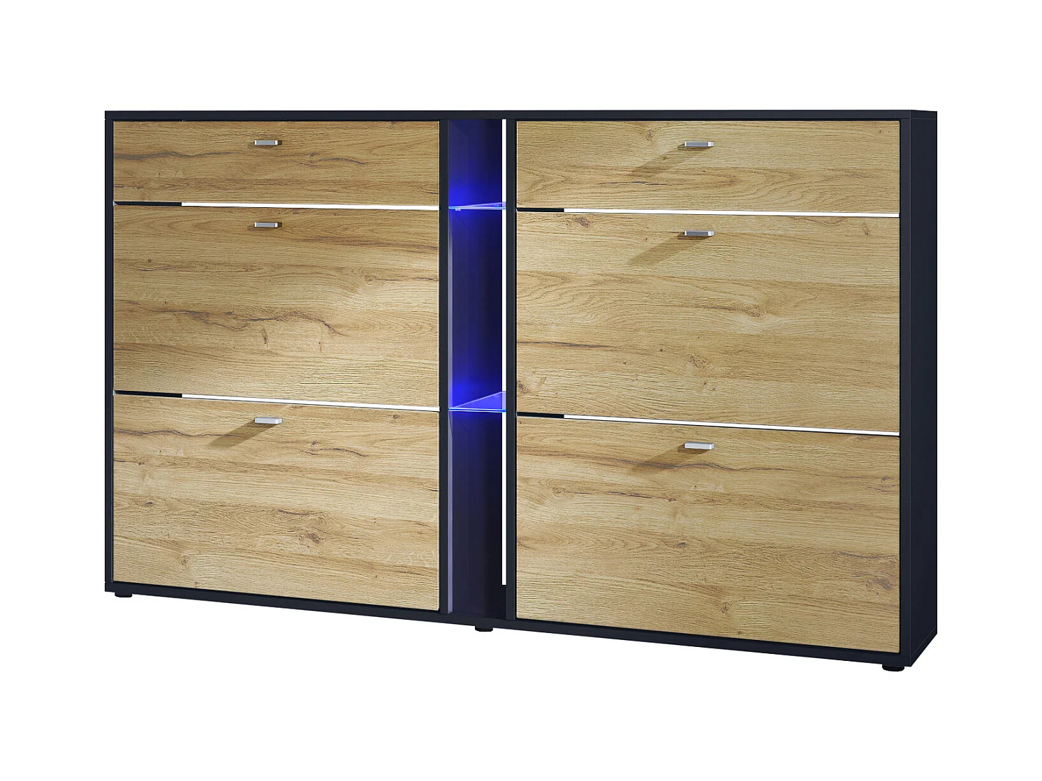 Meuble à chaussures à bascule Today 155,5 x 95 x 28 cm, avec un éclairage LED bleu, corps en Noir mat, façades en chêne nature