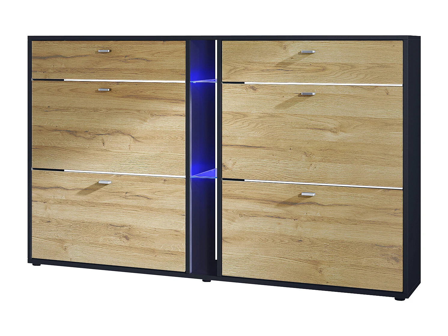 Scarpiera Today con 4 ante e 2 cassetti 155,5 x 95 x 28 cm, con illuminazione LED blu, struttura in nero opaco, frontali in rovere naturale