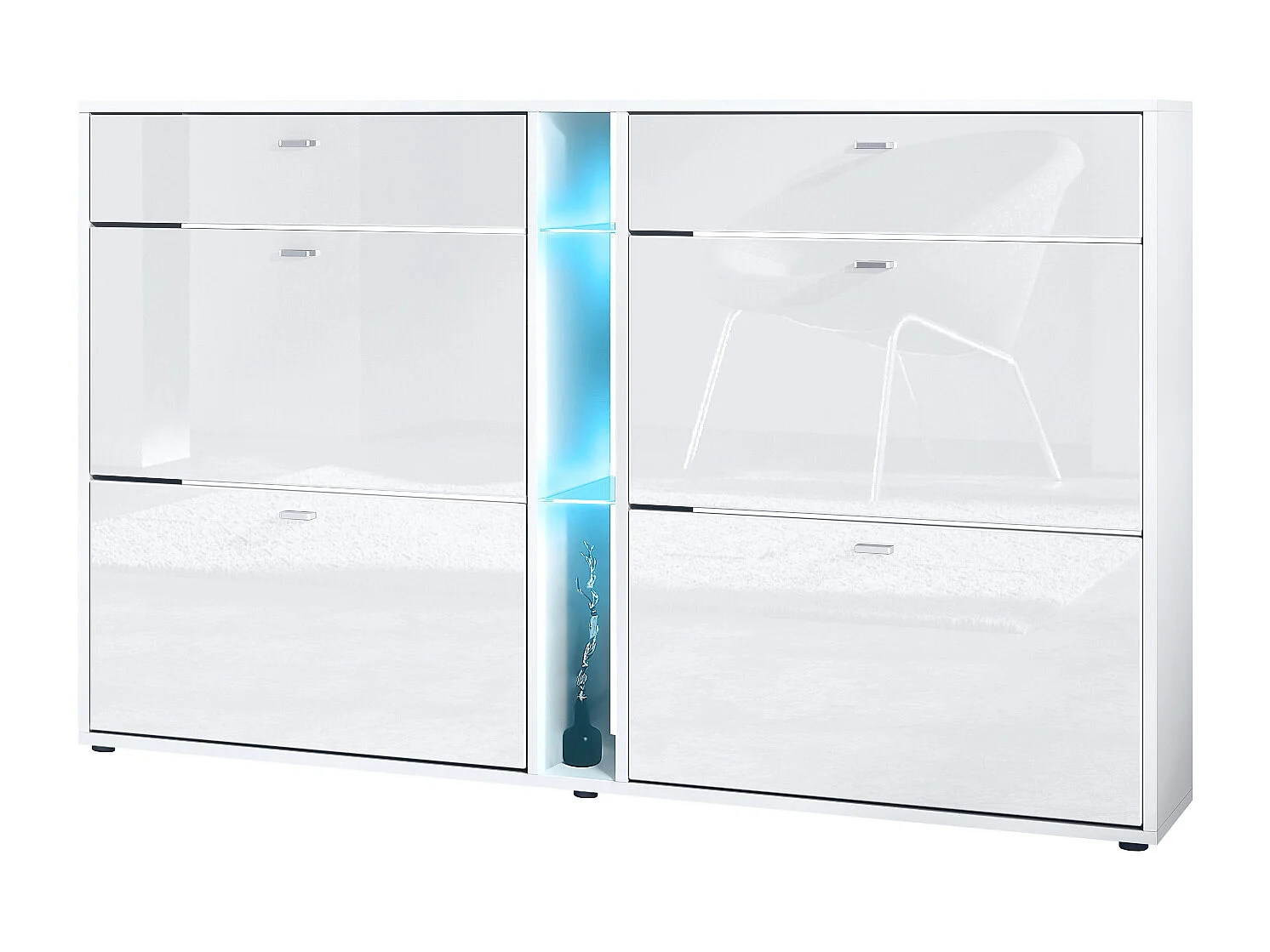 Scarpiera Today con 4 ante e 2 cassetti 155,5 x 95 x 28 cm, con illuminazione LED blu, struttura in bianco opaco, frontali in bianco lucido