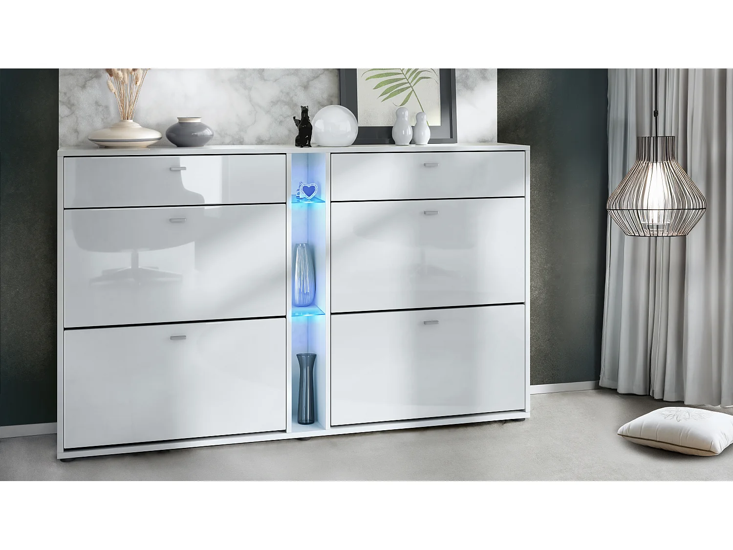 Scarpiera Today con 4 ante e 2 cassetti 155,5 x 95 x 28 cm, con illuminazione LED blu, struttura in bianco opaco, frontali in bianco lucido