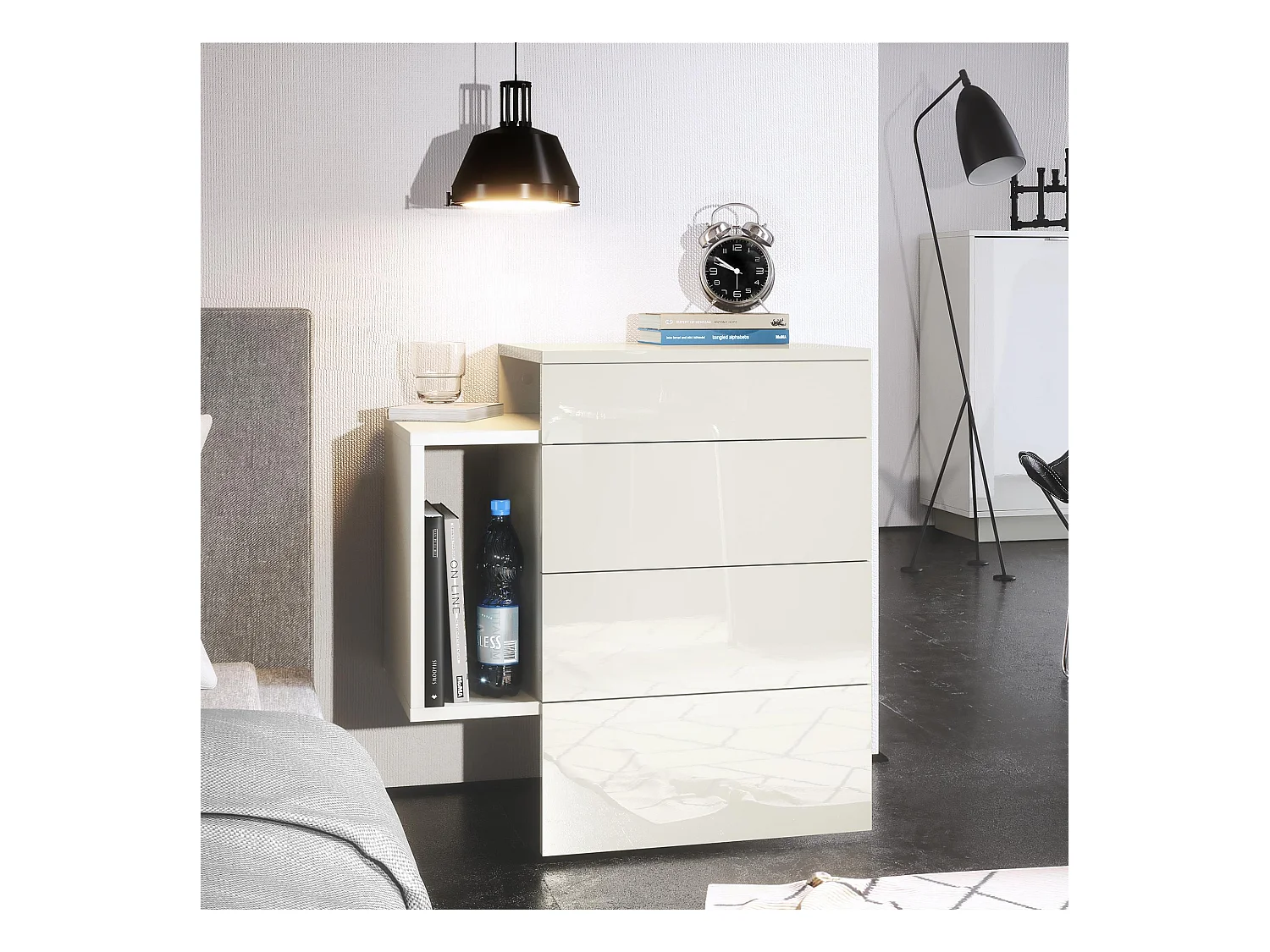 Table de chevet Queens, Table de nuit avec 2 tiroirs et 1 compartiment latéral à fixer au mur, Blanc mat/Blanc haute brillance (60 x 63 x 36 cm)