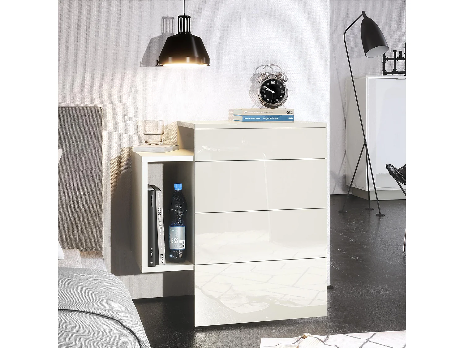 Table de chevet Queens, Table de nuit avec 2 tiroirs et 1 compartiment latéral à fixer au mur, Blanc mat/Blanc haute brillance (60 x 63 x 36 cm)