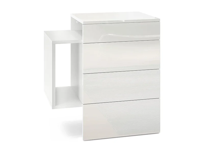 Table de chevet Queens, Table de nuit avec 2 tiroirs et 1 compartiment latéral à fixer au mur, Blanc mat/Blanc haute brillance (60 x 63 x 36 cm)