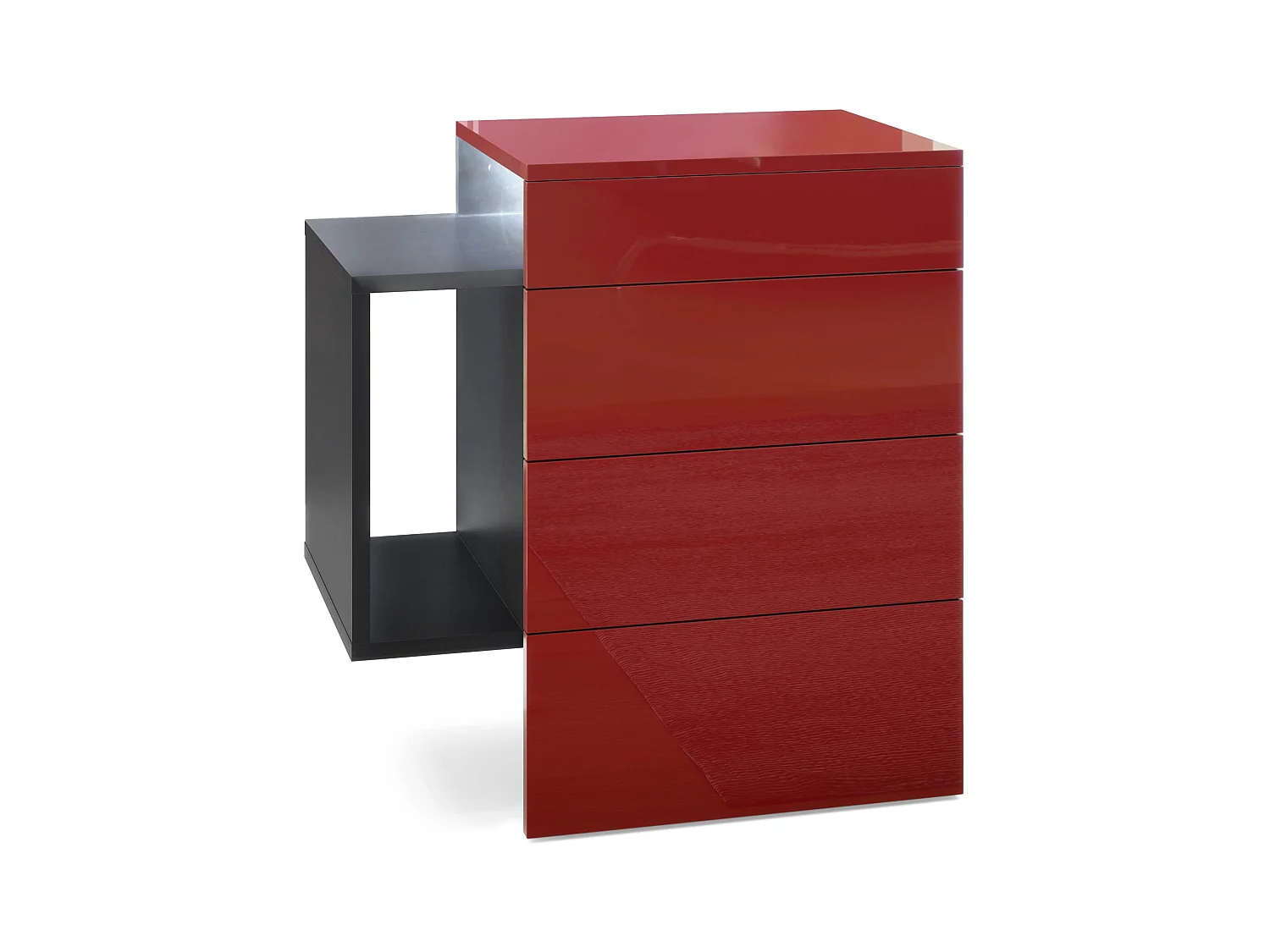 Table de chevet Queens, Table de nuit avec 2 tiroirs et 1 compartiment latéral à fixer au mur, Noir mat/Bordeaux brillant, incl. LED blanc (60x63x36 cm)