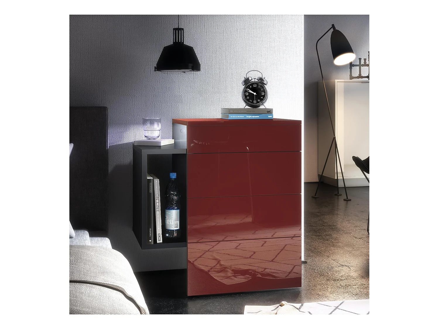 Table de chevet Queens, Table de nuit avec 2 tiroirs et 1 compartiment latéral à fixer au mur, Noir mat/Bordeaux brillant, incl. LED blanc (60x63x36 cm)