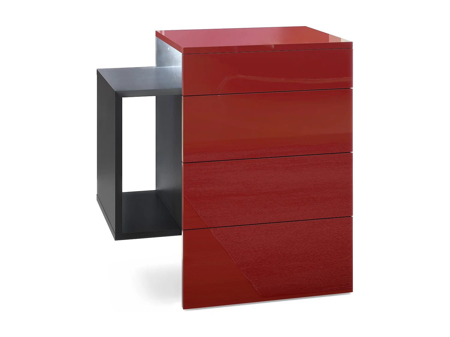 Table de chevet Queens, Table de nuit avec 2 tiroirs et 1 compartiment latéral à fixer au mur, Noir mat/Bordeaux brillant, incl. LED blanc (60x63x36 cm)