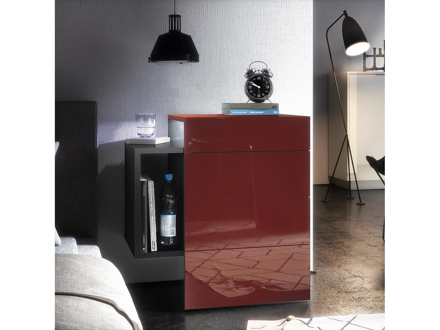 Table de chevet Queens, Table de nuit avec 2 tiroirs et 1 compartiment latéral à fixer au mur, Noir mat/Bordeaux brillant, incl. LED blanc (60x63x36 cm)