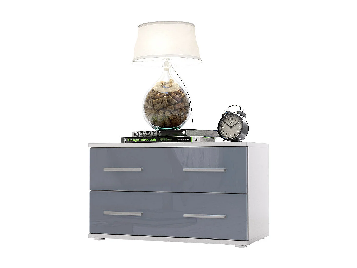 Mesa de noche Kioto, Cuerpo en Blanco mate / Frontal en Color Gris alto brillo