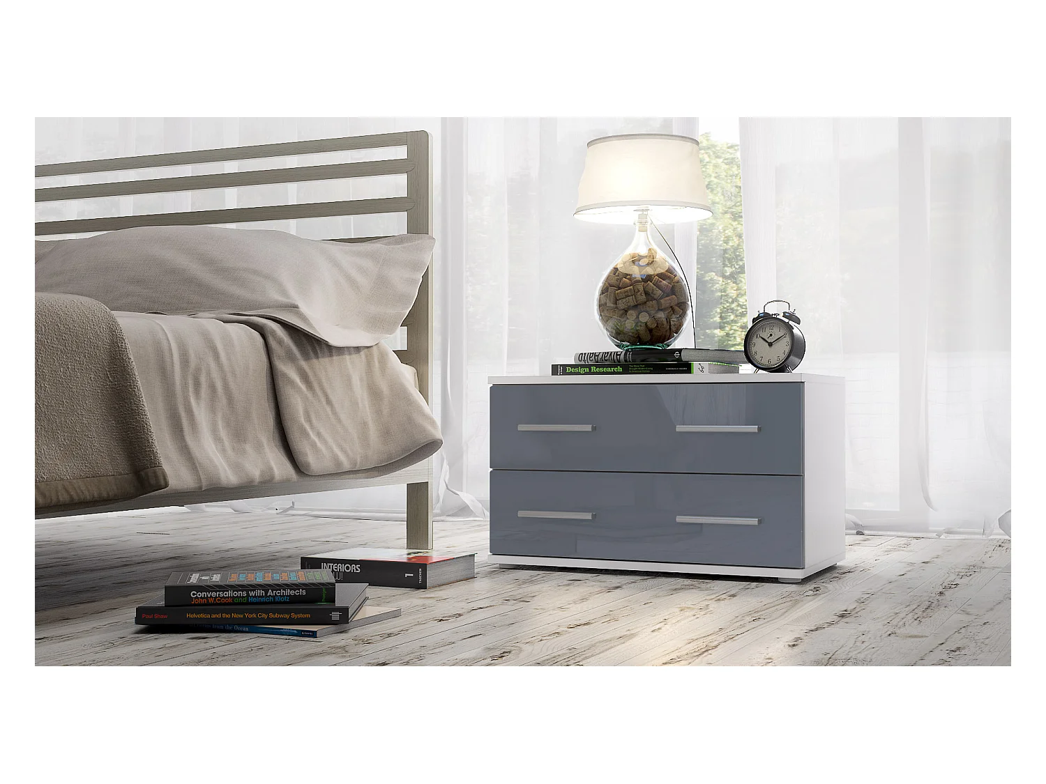 Mesa de noche Kioto, Cuerpo en Blanco mate / Frontal en Color Gris alto brillo