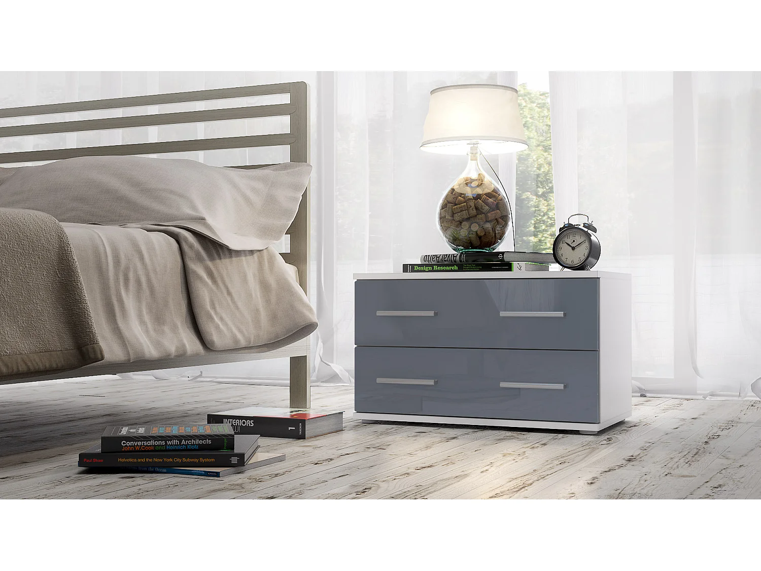Table de chevet de nuit Kioto, Corps en Blanc mat / Façades en Gris haute brillance
