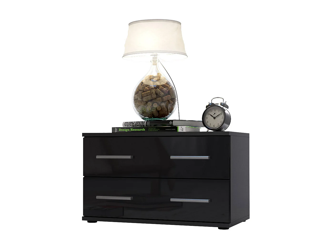 Mesa de noche Kioto, Cuerpo en Negro mate / Frontal en Color Negro alto brillo