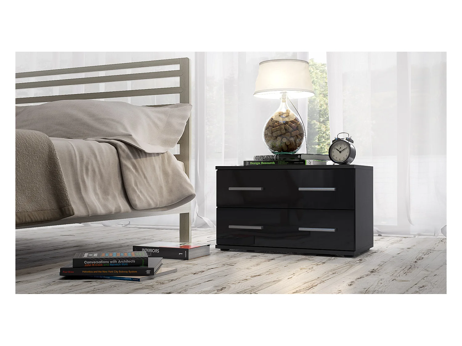 Mesa de noche Kioto, Cuerpo en Negro mate / Frontal en Color Negro alto brillo