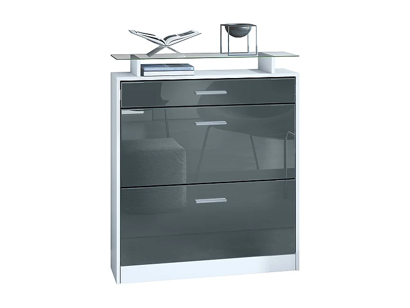 Scarpiera  Loret, mobile per 16 paia di scarpe con 2 ante a ribalta, 1 cassetto e ripiano in vetro, bianco opaco/grigio lucido (89 x 104 x 23 cm)