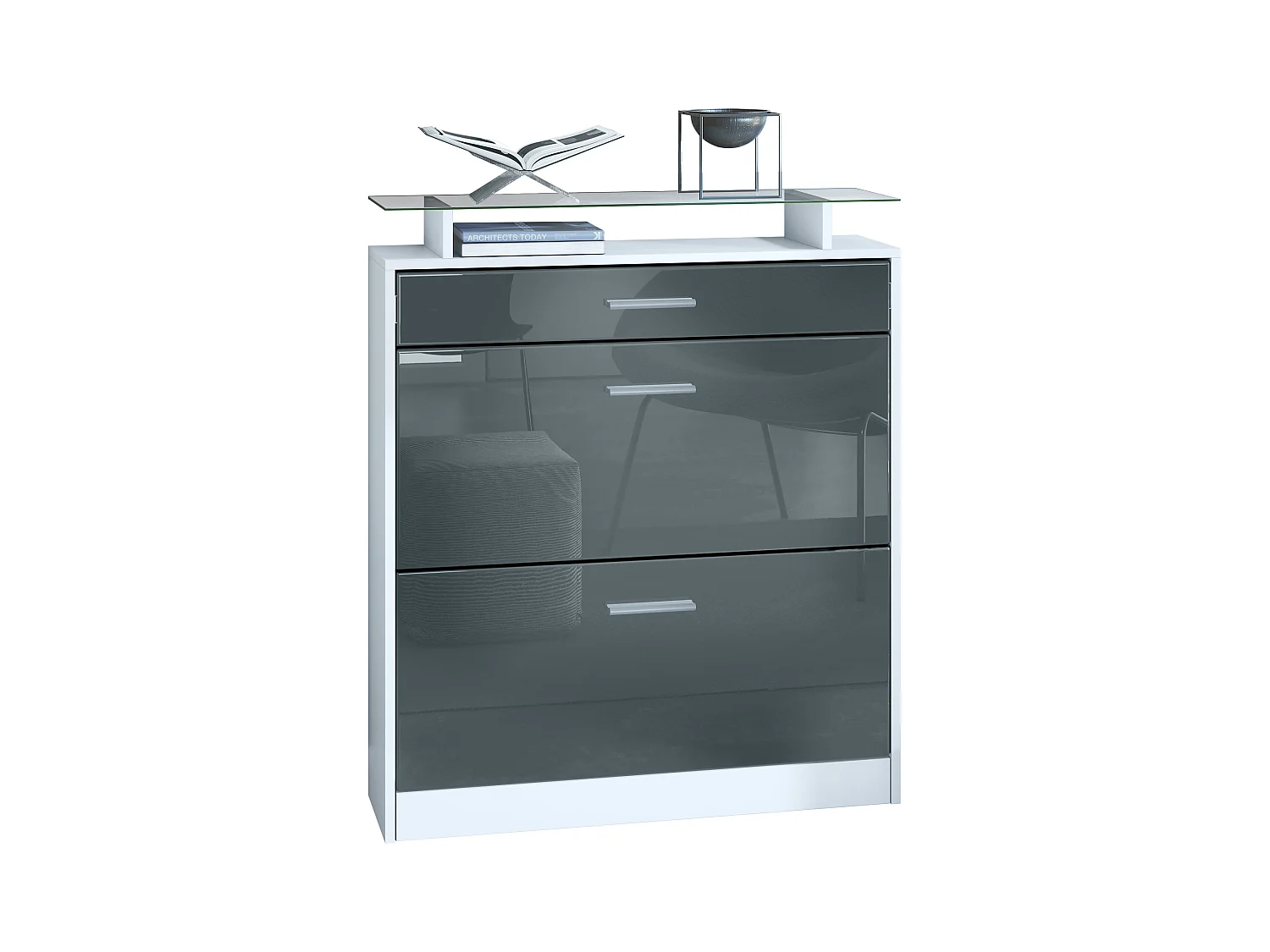 Meuble chaussure Loret, Étagère à chaussures pour 16 paires de chaussures avec 2 clapets à bascule, 1 tiroir, Blanc mat/Gris brillant (89 x 104 x 23 cm)