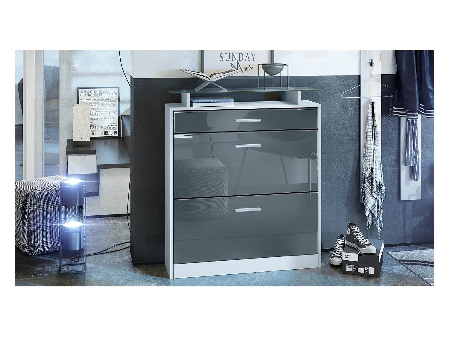 Meuble chaussure Loret, Étagère à chaussures pour 16 paires de chaussures avec 2 clapets à bascule, 1 tiroir, Blanc mat/Gris brillant (89 x 104 x 23 cm)